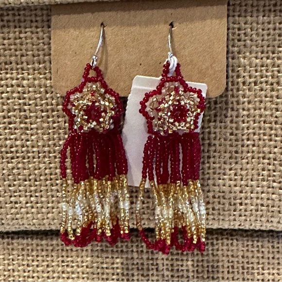 NWT Gorgeous Seed Bead Earrings by Neiman Marcus, flower w/ dangles red & gold - Picture 3 of 9